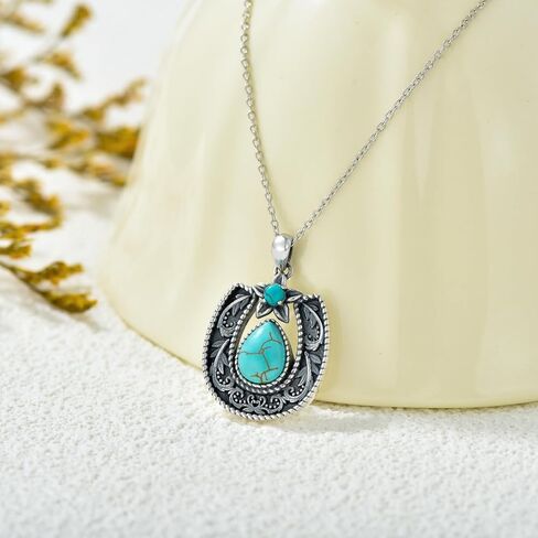 Althum Horseshoe Western Necklace with Genuine Turquoise 925 Sterling Silver Necklace 9 * 7mm Teardrop Turquoise Horseshoe Pendant Necklace with 18+2inch Chain for Women in Kuwait