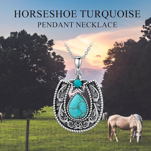 Althum Horseshoe Western Necklace with Genuine Turquoise 925 Sterling Silver Necklace 9 * 7mm Teardrop Turquoise Horseshoe Pendant Necklace with 18+2inch Chain for Women in Kuwait