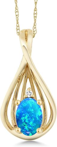قلادة من Gem Stone King من الذهب الأصفر عيار 10 قيراط والأوبال الأزرق والألماس الأبيض على شكل دمعة للنساء (0.50 قيراط، حجر بخت شهر أكتوبر، كابوشون بيضاوي 6 × 4 مم، مع سلسلة 18 بوصة) in Saudi Arabia
