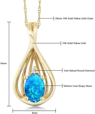 قلادة من Gem Stone King من الذهب الأصفر عيار 10 قيراط والأوبال الأزرق والألماس الأبيض على شكل دمعة للنساء (0.50 قيراط، حجر بخت شهر أكتوبر، كابوشون بيضاوي 6 × 4 مم، مع سلسلة 18 بوصة) in Saudi Arabia