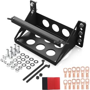 Pindex Anti-Corrosion Metal Steel Bolt-in Battery Mounting Box Tray with Battery Lugs, Adjustable Heavy Duty Bracket Fits up to a 10.63" × 7.06" × 7.5" Battery, Black