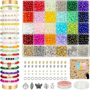 Paodey 6mm Glass Beads Bracelet Making Kit 1400pcs, 24 Colors Crystal Beads for Jewelry Making Round Beads DIY Crafts with Spacer Beads Charms Accessories