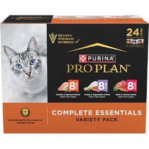 Purina Pro Plan Complete Essentials Chicken, Turkey and Beef Grain Free Wet Cat Food Variety Pack - (24) 3.5 oz. Cans