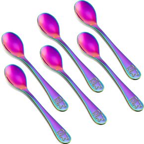 Boao 6 Pieces Rainbow Kids Spoons Stainless Steel Rainbow Kids Cutlery Kids Silverware Kids Utensil Child and Toddler Safe Flatware for Home and Preschools
