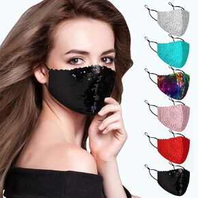 Ciana 6-Pieces Sequin Bling Face Mask with Adjustable Ear Loops Costume Designer Face Mask Reusable Washable Breathable Fashion Mask for Wedding Masquerade Mask for Women