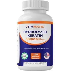 Vitamatic Hydrolyzed Keratin 500mg per Serving - 120 Vegetarian Capsules - Keratin Supplements for Healthy Hair Skin & Nails for Adults