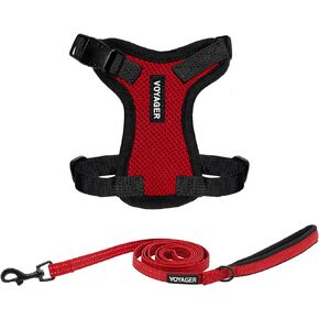 Voyager Step-in Lock Adjustable Cat Harness w. Cat Leash Combo Set with Neoprene Handle 5ft - Supports Small, Medium and Large Breed Cats by Best Pet Supplies - Red/Black Trim, XXXS