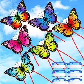 6 Pcs Kites Butterfly Kite 55" x 28" Large Kites with 328ft Kite String Beach Kites Colorful Kite for Adults Beginner Outdoor Supplies (Rainbow)