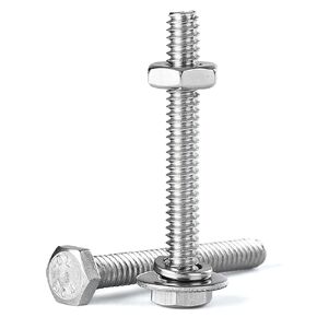#10-24 x 1 Hex Head Bolts Screws, Nuts, Flat and Lock Washers Assortment Kit, 304 Stainless Steel(18-8), Bright Finish, Machine Fully Thread 20Sets