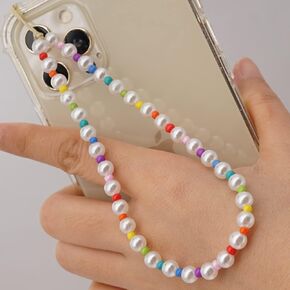 SYSUII Beaded Phone Lanyard Wrist Strap for Women Girls, Smiley Face Rainbow Beaded Phone Charm Decoration Chain Hand Wrist Lanyard Anti-Lost Phone String for iPhone 12 Samsung Camera Key