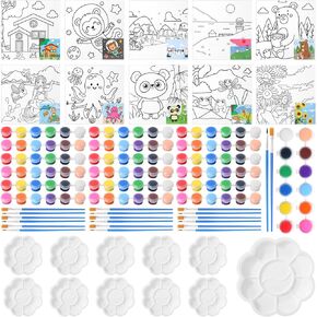 Qilery 10 Set Canvas Painting Kit Includes Pre Drawn Canvas 12 Colors Acrylic Paints Strips, Paint Brushes, Plastic Paint Palette, Painting Art Set for Kids Adults Paint Classroom Birthday Party Favor