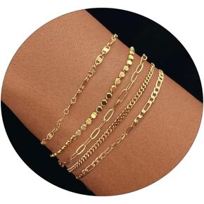 BERISO Gold Bracelets for Women,14K Gold Plated Dainty Gold Bracelet Stack Set Waterproof Bracelets Adjustable Layered Metal Link Bracelet Pack Fashion Accessories Gifts for Women Girls