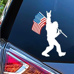 WSQ Sasquatch Bigfoot Rock On American Flag Vinyl Decal Sticker Premium Quality Vinyl Size 5-inch for Car Bumper Truck Van SUV Window Wall Boat Cup Tumblers Laptop or Any Smooth Surface