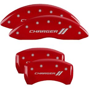 MGP Caliper Covers - Brake Caliper Covers 2011-2023 Dodge Challenger 2011-2023 Dodge Charger (Dual Piston) Front and Rear Set - Charger II Logo - Red