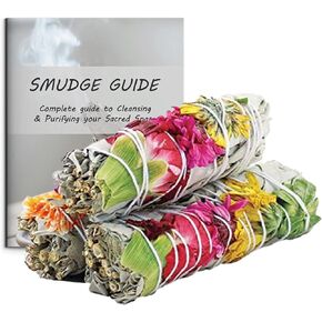 Ancient Veda Joy Organic White Sage Smudge Sticks with Flowers for Cleansing Home, Meditation, Yoga, Healing and Smudging | Sustainably Sourced California White Sage Bundles (3 Pack - 4 Inch)