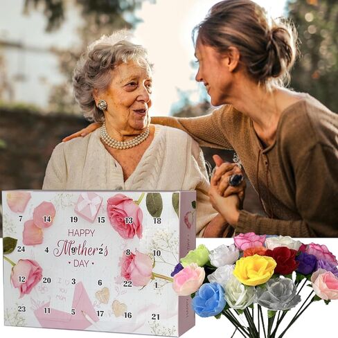 yawthin Mother's Day False Flower Calendar, Mothers Day Artificial Flowers Countdown Calendar, 24 Days Different Rose Advent Calendar with Box Gifts for Grandmother, Mother, Women in Saudi Arabia