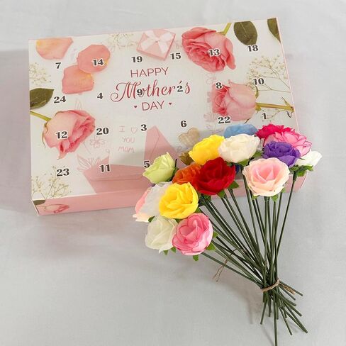yawthin Mother's Day False Flower Calendar, Mothers Day Artificial Flowers Countdown Calendar, 24 Days Different Rose Advent Calendar with Box Gifts for Grandmother, Mother, Women in Saudi Arabia