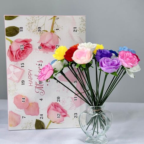 yawthin Mother's Day False Flower Calendar, Mothers Day Artificial Flowers Countdown Calendar, 24 Days Different Rose Advent Calendar with Box Gifts for Grandmother, Mother, Women in Saudi Arabia