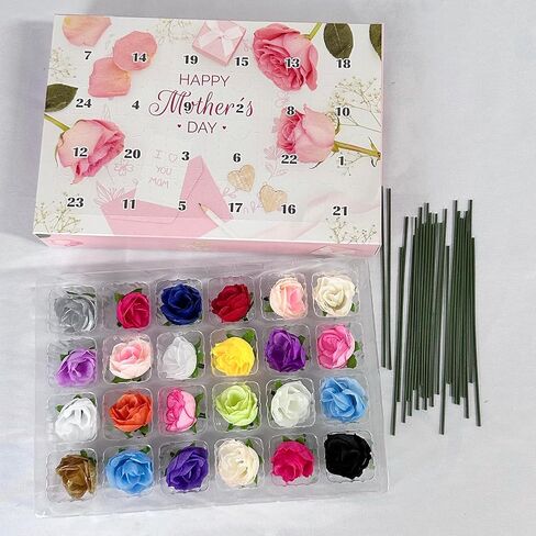 yawthin Mother's Day False Flower Calendar, Mothers Day Artificial Flowers Countdown Calendar, 24 Days Different Rose Advent Calendar with Box Gifts for Grandmother, Mother, Women in Saudi Arabia