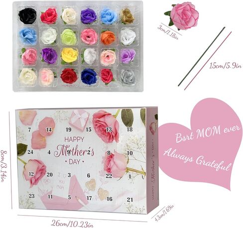 yawthin Mother's Day False Flower Calendar, Mothers Day Artificial Flowers Countdown Calendar, 24 Days Different Rose Advent Calendar with Box Gifts for Grandmother, Mother, Women in Saudi Arabia
