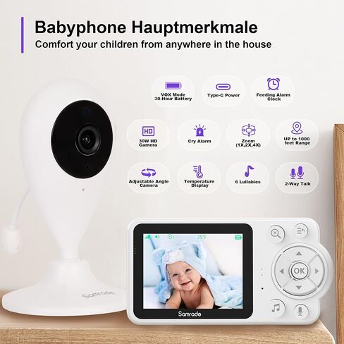Samrado Baby Monitor with Camera and Audio 2600mAH Battery, 2.8" Screen Baby Video Monitors with Type-C Night Vision Two-Way Talk No WiFi 6 Lullabies in Saudi Arabia