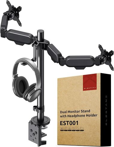 ELESTAND Dual Adjustable Monitor Stand: Monitor Arm Desk Mount with Headphone Holder - Dual Monitor Stand for Desk Holds 2 Monitors up to 32 inches and 22lbs - Cable Management and Fast Installation in Saudi Arabia