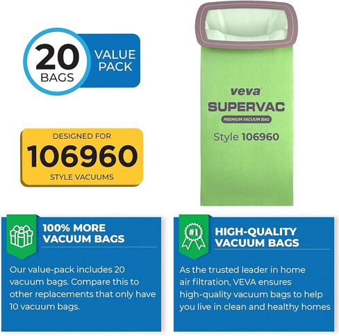 20 حزمة من أكياس مكنسة SuperVac الفاخرة من VEVA 106960 متوافقة مع مكنسة ProTeam Super HalfVac Pro الكهربائية، أكياس سعة 6 لتر in Kuwait
