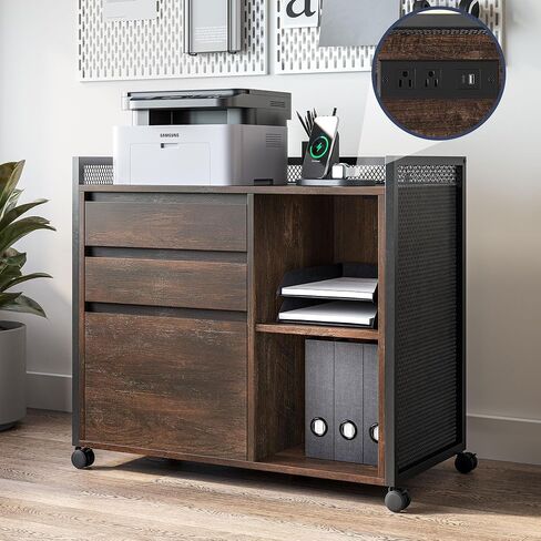 BELLEZE 3-Drawer Mobile File Cabinet Desk with Ultra-Fast USB Type A/C Outlet, Rolling Printer Stand with 2-Tier Open Shelves, Lateral Filing Cabinet for Home Office (Rider Desk - Old Wood) in Saudi Arabia