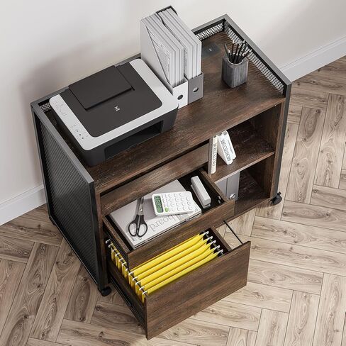 BELLEZE 3-Drawer Mobile File Cabinet Desk with Ultra-Fast USB Type A/C Outlet, Rolling Printer Stand with 2-Tier Open Shelves, Lateral Filing Cabinet for Home Office (Rider Desk - Old Wood) in Saudi Arabia