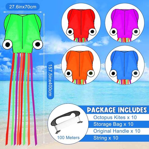 10 Pcs Large Octopus Kites, Long Tail Easy Flyer Kite Beach Kites Bulk, 157 Inches 3D Mollusc Octopus Kite for Kids Adults Kiteboarding Outdoor Park Colorful Kite with Kite String Reel in Saudi Arabia