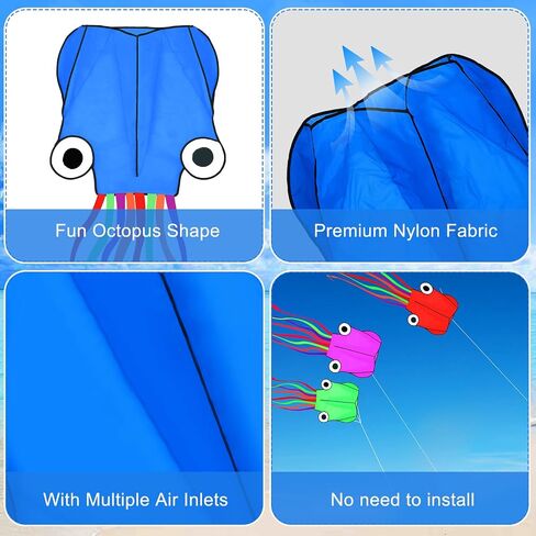 10 Pcs Large Octopus Kites, Long Tail Easy Flyer Kite Beach Kites Bulk, 157 Inches 3D Mollusc Octopus Kite for Kids Adults Kiteboarding Outdoor Park Colorful Kite with Kite String Reel in Saudi Arabia
