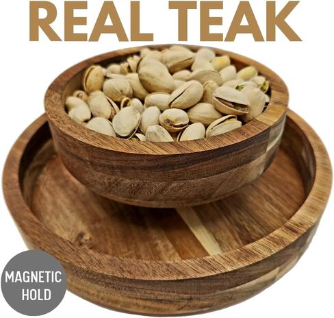 Simply Stated Company Pistachio Bowl with Shell Storage – Teak Wood - Nut Bowl with Shell Holder – Magnetic Hold, Double Bowl with Pedestal – Unique Pistachio Gifts and Snack Bowl in Saudi Arabia