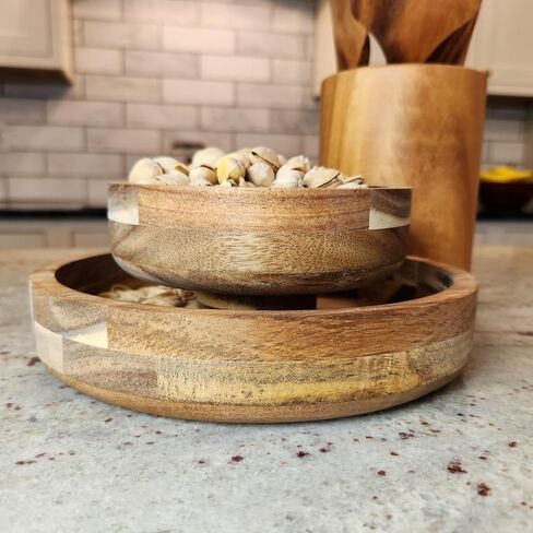 Simply Stated Company Pistachio Bowl with Shell Storage – Teak Wood - Nut Bowl with Shell Holder – Magnetic Hold, Double Bowl with Pedestal – Unique Pistachio Gifts and Snack Bowl in Saudi Arabia
