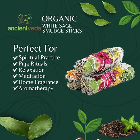 عصي تلطيخ المريمية البيضاء العضوية من Ancient Veda Joy مع الزهور لتنظيف المنزل والتأمل واليوجا والشفاء والتلطيخ | حزم كاليفورنيا وايت سيج من مصادر مستدامة (3 عبوات - 4 بوصة) in Kuwait