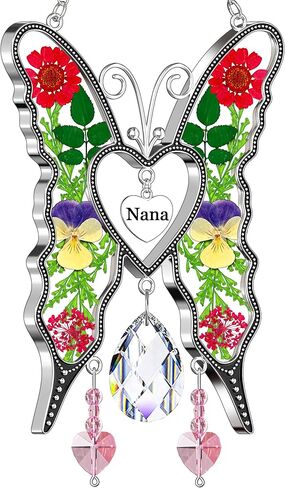KY&BOSAM Heart Butterfly Suncatchers Nana ألواح زجاجية ملونة كريستال للنوافذ ريح الرنين مع قلب زهرة مضغوط مدمج في هدايا نانا الزجاجية - هدايا لعيد الأم وعيد الميلاد وعيد الميلاد in Kuwait