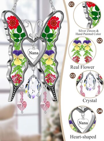 KY&BOSAM Heart Butterfly Suncatchers Nana ألواح زجاجية ملونة كريستال للنوافذ ريح الرنين مع قلب زهرة مضغوط مدمج في هدايا نانا الزجاجية - هدايا لعيد الأم وعيد الميلاد وعيد الميلاد in Kuwait