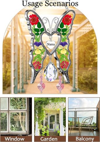 KY&BOSAM Heart Butterfly Suncatchers Nana ألواح زجاجية ملونة كريستال للنوافذ ريح الرنين مع قلب زهرة مضغوط مدمج في هدايا نانا الزجاجية - هدايا لعيد الأم وعيد الميلاد وعيد الميلاد in Kuwait