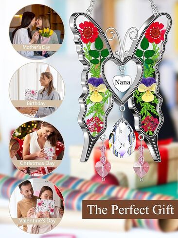 KY&BOSAM Heart Butterfly Suncatchers Nana ألواح زجاجية ملونة كريستال للنوافذ ريح الرنين مع قلب زهرة مضغوط مدمج في هدايا نانا الزجاجية - هدايا لعيد الأم وعيد الميلاد وعيد الميلاد in Kuwait