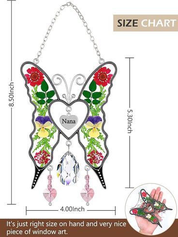 KY&BOSAM Heart Butterfly Suncatchers Nana ألواح زجاجية ملونة كريستال للنوافذ ريح الرنين مع قلب زهرة مضغوط مدمج في هدايا نانا الزجاجية - هدايا لعيد الأم وعيد الميلاد وعيد الميلاد in Kuwait