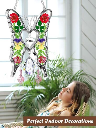 KY&BOSAM Heart Butterfly Suncatchers Nana ألواح زجاجية ملونة كريستال للنوافذ ريح الرنين مع قلب زهرة مضغوط مدمج في هدايا نانا الزجاجية - هدايا لعيد الأم وعيد الميلاد وعيد الميلاد in Kuwait