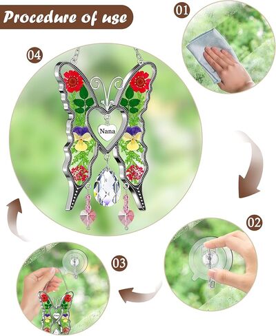 KY&BOSAM Heart Butterfly Suncatchers Nana ألواح زجاجية ملونة كريستال للنوافذ ريح الرنين مع قلب زهرة مضغوط مدمج في هدايا نانا الزجاجية - هدايا لعيد الأم وعيد الميلاد وعيد الميلاد in Kuwait