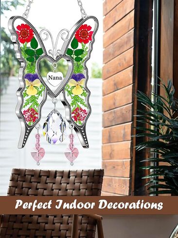 KY&BOSAM Heart Butterfly Suncatchers Nana ألواح زجاجية ملونة كريستال للنوافذ ريح الرنين مع قلب زهرة مضغوط مدمج في هدايا نانا الزجاجية - هدايا لعيد الأم وعيد الميلاد وعيد الميلاد in Kuwait