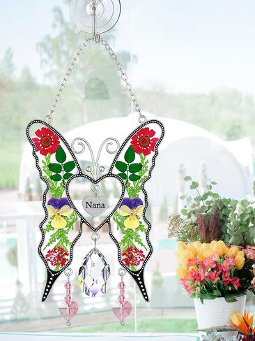 KY&BOSAM Heart Butterfly Suncatchers Nana ألواح زجاجية ملونة كريستال للنوافذ ريح الرنين مع قلب زهرة مضغوط مدمج في هدايا نانا الزجاجية - هدايا لعيد الأم وعيد الميلاد وعيد الميلاد in Kuwait