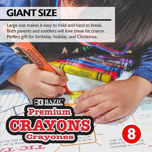 BAZIC Crayons Super Jumbo 8 Color, Assorted Coloring Crayon Set, Non Toxic Drawing Crayons for School Art, Gift for Kids Artist (8/Pack), 1-Pack in Kuwait