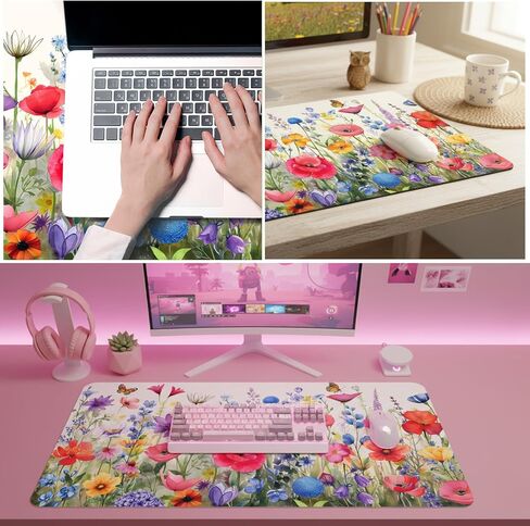 Geyoga Large Mouse Pad Floral Desk Mat for Desktop 31.5 x 15.7 Extended Gaming Mousepad Computer Laptop Desk Protector Keyboard Mouse Pad for Woman Christmas Holiday Gifts Work Office Home Decor in Saudi Arabia