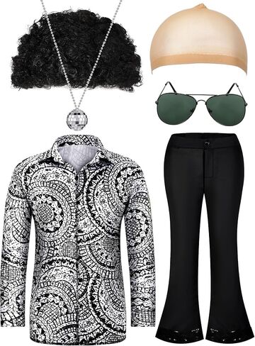 Mepase 6 Pcs Men 70s Disco Costumes Include Retro Shirt Bell Bottom Pants Wig Sunglasses Necklace Wig Cap for Disco Party in Saudi Arabia