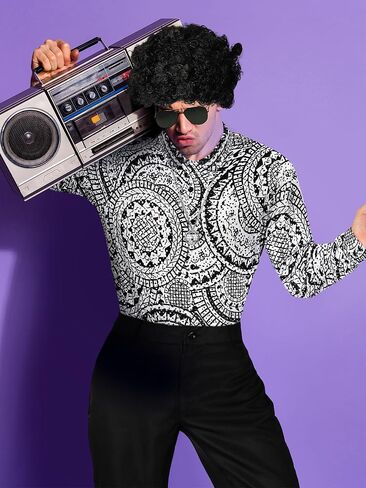 Mepase 6 Pcs Men 70s Disco Costumes Include Retro Shirt Bell Bottom Pants Wig Sunglasses Necklace Wig Cap for Disco Party in Saudi Arabia
