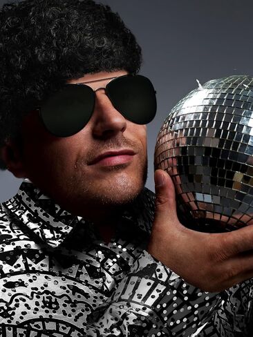 Mepase 6 Pcs Men 70s Disco Costumes Include Retro Shirt Bell Bottom Pants Wig Sunglasses Necklace Wig Cap for Disco Party in Saudi Arabia