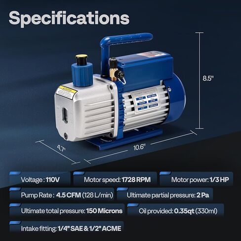 VIVOHOME 1/2 HP 5 CFM 110V Dual Stage HVAC Vacuum Pump, Sparkless Motor for R32 R1234yf R134a R22 R410a Systems, Auto AC Vacuum Pump for Air Conditioner Servicing Resin Degassing with 2 Oil Bottles in Kuwait