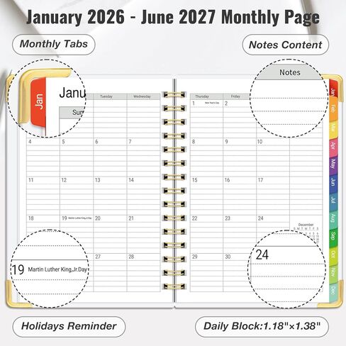 Daily Planner 2026-2027, 18 Month Planner with Tabs, January 2026 - June 2027 Weekly and Monthly Academic Year Calendar Spiral Time Management, 100GSM Thick Paper, Twin-Wire Binding, A5 Size, Yellow in Saudi Arabia
